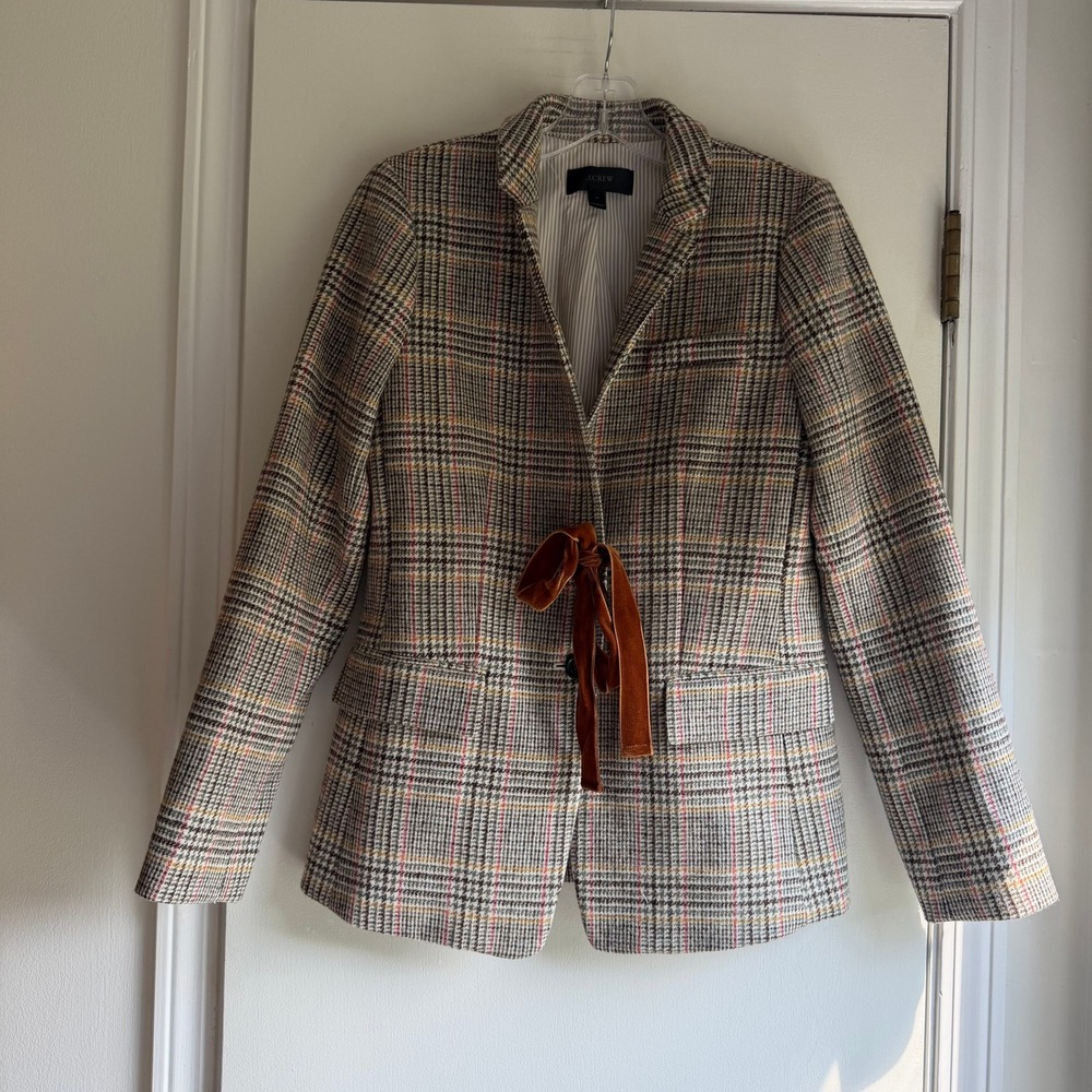 J.Crew Womens 100% Wool Glen Plaid Blazer with Velvet Tie 4 Multicolor Tailored